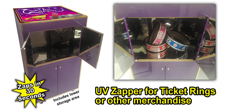 UV Zapper for Ticket Rings or other merchandise. Zaps in 30 seconds. Includes lower storage area.